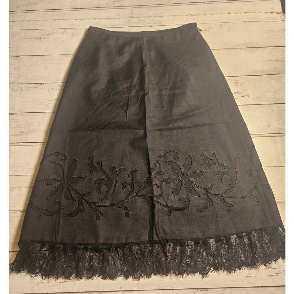 Ann Taylor Loft Petites Black Wool‎ Blend Lace Trim Floral Applique Skirt 0P